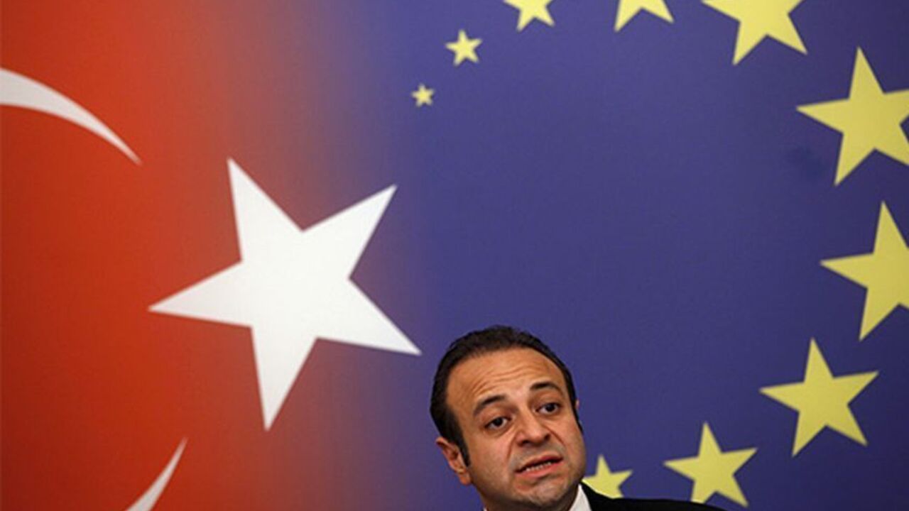 TURKEY-EU/BAGIS Turkey's European Union Minister Egemen Bagis speaks during a news conference in Istanbul October 12, 2011. European Union candidate Turkey's only goal in talks with the bloc is full membership and no other options are acceptable, Turkish EU Minister Egemen Bagis told a news conference on Wednesday after the release of the latest EU progress report. The Commission urged the European Union to continue talks with Turkey but said no progress was achieved in the last year, adding that it was concerned about ten