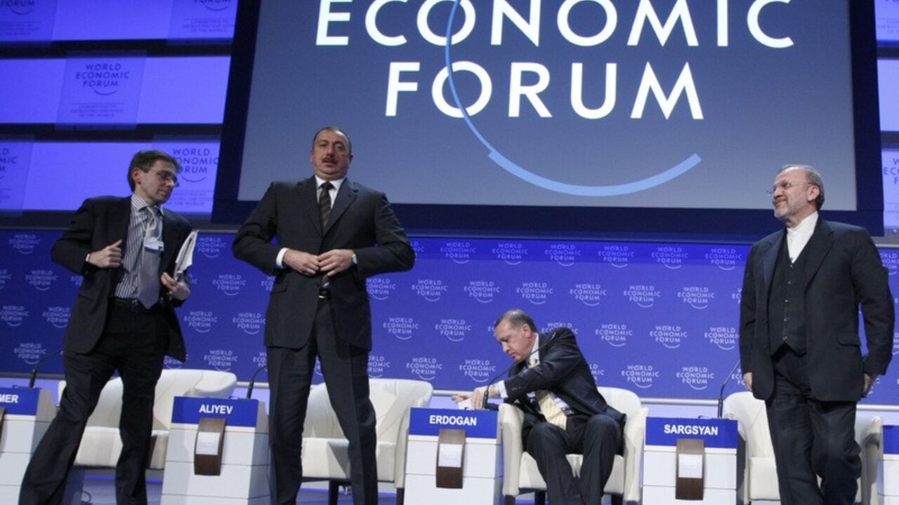 Eurasia Group President Bremmer,Azerbaijan's President Aliyev, Turkey's Prime Minister Erdogan and Iran's Foreign Minister Mottaki attend a session at the World Economic Forum in Davos Ian Bremmer, President, Eurasia Group, U.S.A., Azerbaijan's President Ilham Aliyev, Turkey's Prime Minister Tayyip Erdogan and Iran's Foreign Minister Manouchehr Mottaki (L-R) attend a session at the World Economic Forum (WEF) in Davos January 29, 2009. Business leaders and policymakers meeting in Davos turn their attention to financial regulation, energy, trade and global security after hearing China and Russia blame debt-fuelled consumption for massive financial collapse. REUTERS/Pascal Lauener (SWITZER
