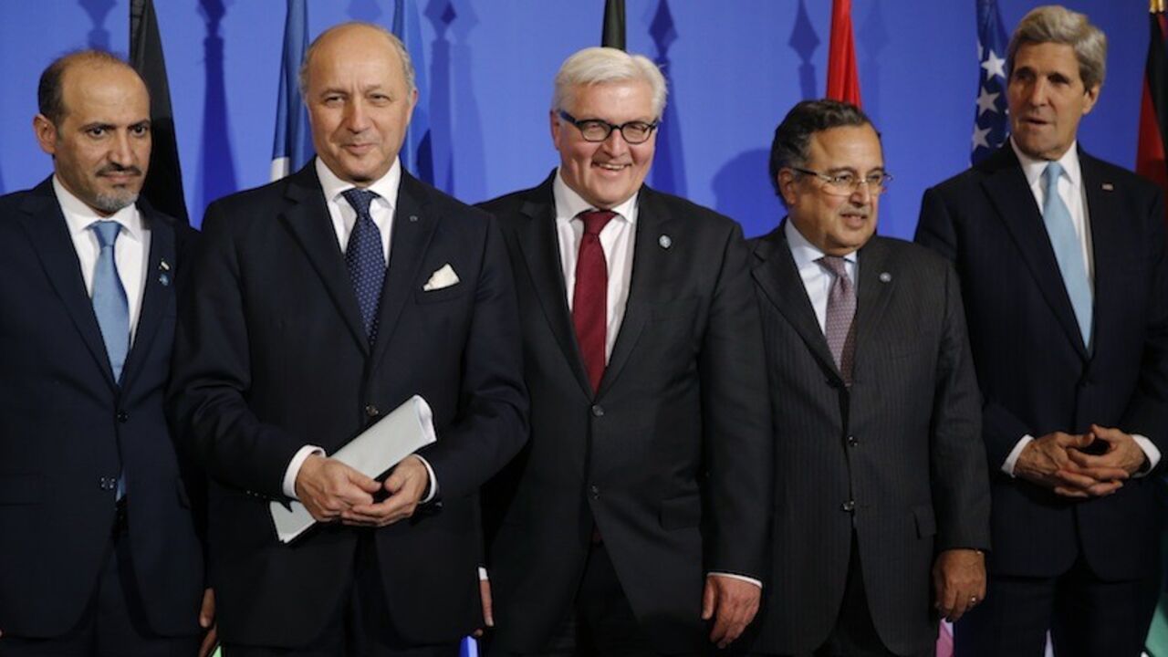 Jarba, leader of Syria's opposition National Coalition, French Foreign Affairs Minister Fabius, German Foreign Minister Steinmeier, Egypt's Foreign Minister Fahmy and U.S. Secretary of State Kerry attend a news conference in Paris Ahmad Jarba, leader of Syria's opposition National Coalition (L-R), French Foreign Affairs Minister Laurent Fabius, German Foreign Minister Frank-Walter Steinmeier, Egypt's Foreign Minister Nabil Fahmy and U.S. Secretary of State John Kerry attend a news conference at the French foreign ministry during a "Friends of Syria" meeting ahead of Geneva II peace talks, in Paris, January 12, 2014. The "Friends of Syria", an alliance of mainly Western and Gulf Arab countries who oppose Syrian President Bashar al-As
