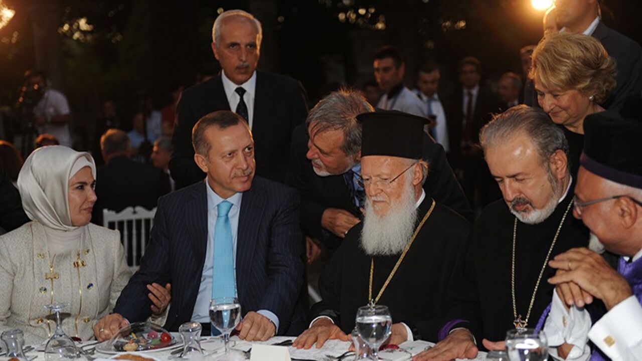 Par6472634 Turkish Prime Minister Recep Tayyib Erdogan`s wife Emine Erdogan (L), Recep Tayyip Erdogan (2nd L), Ecumenical Patriarch Bartholomew (C), Armenian Orthodox Archbishop Aram Atesyan (2nd R), and Chief Rabbi Ishak Haleva (R) take their places during a dinner on August 28, 2011, at the Archeology Museum Garden in Istanbul. Erdogan hosted religious leaders and the heads of about 160 minority trusts at a fast-breaking dinner for Ramadan. AFP PHOTO/BULENT KILIC (Photo credit should read BULENT KILIC/AFP/Getty Imag