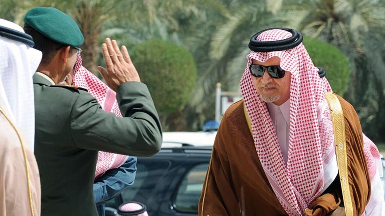 Nic6303894 Saudi Foreign Minister Prince Saud al-Faisal bin Abdulaziz (R) is greeted by an officer upon his arrival to attend the 130th meeting of the Foreign Ministers of the Gulf Cooperation Council (GCC) in Riyadh on March 4, 2014. AFP PHOTO / FAYEZ NURELDINE (Photo credit should read FAYEZ NURELDINE/AFP/Getty Images)