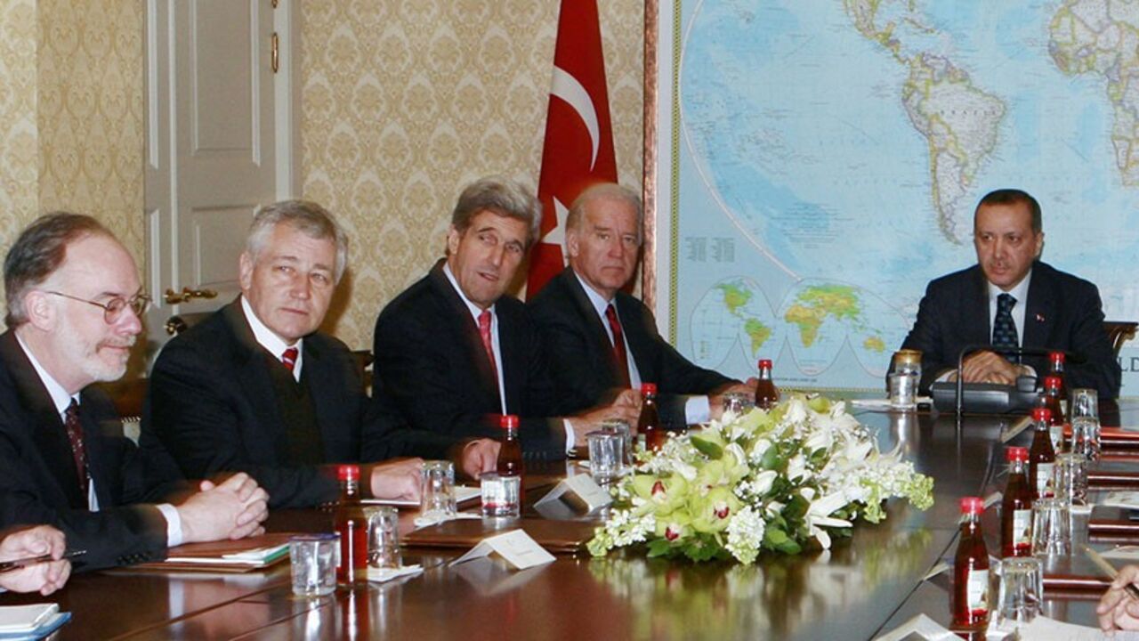 TURKEY-IRAQ/US Turkey's Prime Minister Tayyip Erdogan (R) attends a meeting with U.S. Congressmen Joseph Biden (2nd R), John Kerry (C), Chuchk Hagel (2nd L) and U.S. ambassador to Turkey Ross Wilson (L) in Ankara February 22, 2008. Erdogan said on Friday he had spoken by telephone on Thursday night with U.S. President George W. Bush about Turkish troops' land offensive into northern Iraq. In his first public comments on the offensive, which began late on Thursday, Erdogan also emphasised that PKK Kurdish rebel camps were
