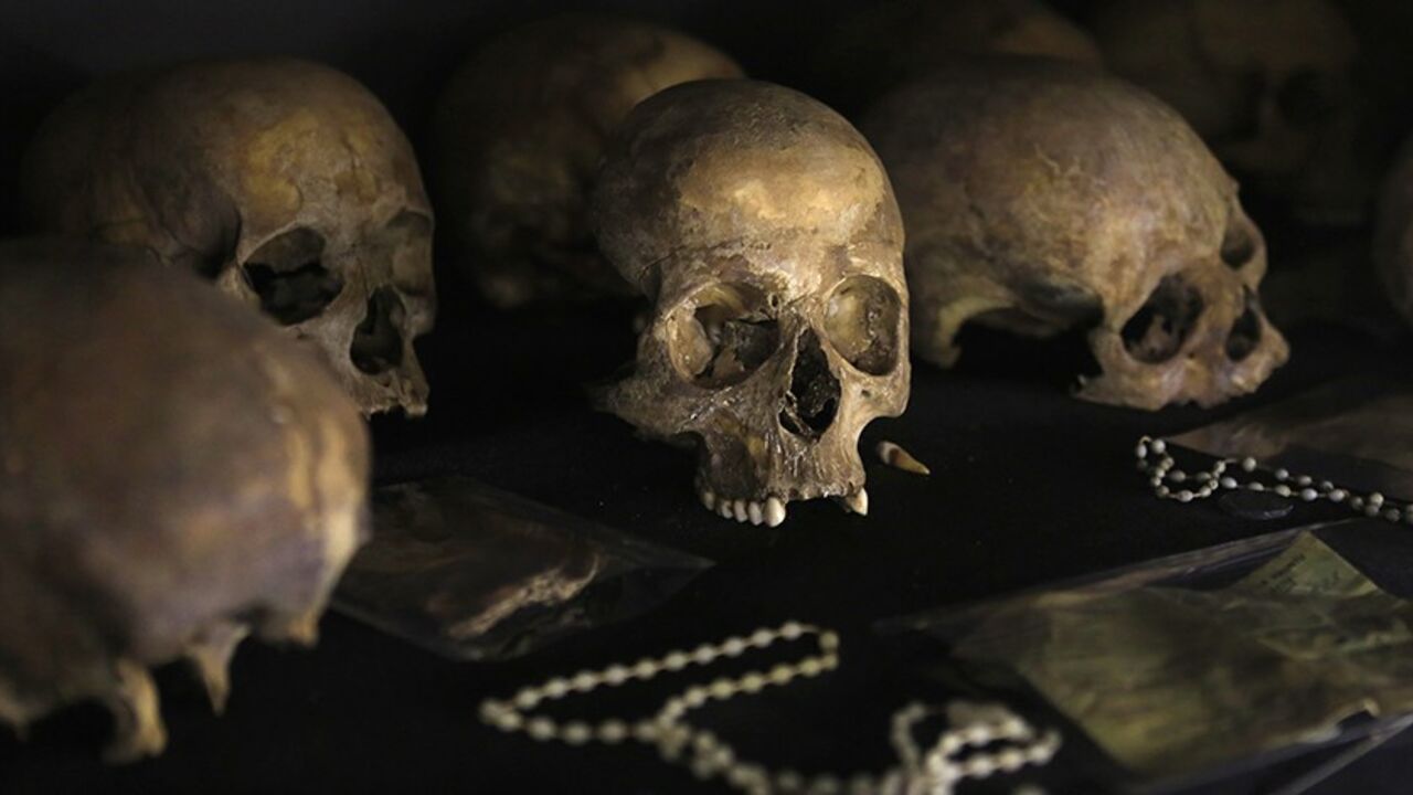 RWANDA/ Preserved human skulls are seen on display at the Kigali Genocide Memorial Centre, as the country prepares to commemorate the twentieth anniversary of the 1994 genocide in the Rwandan capital Kigali April 5, 2014. An estimated 800,000 people were killed in 100 days during this genocide. REUTERS/Noor Khamis (RWANDA - Tags: ANNIVERSARY CIVIL UNREST POLITICS) - RTR3K1VK