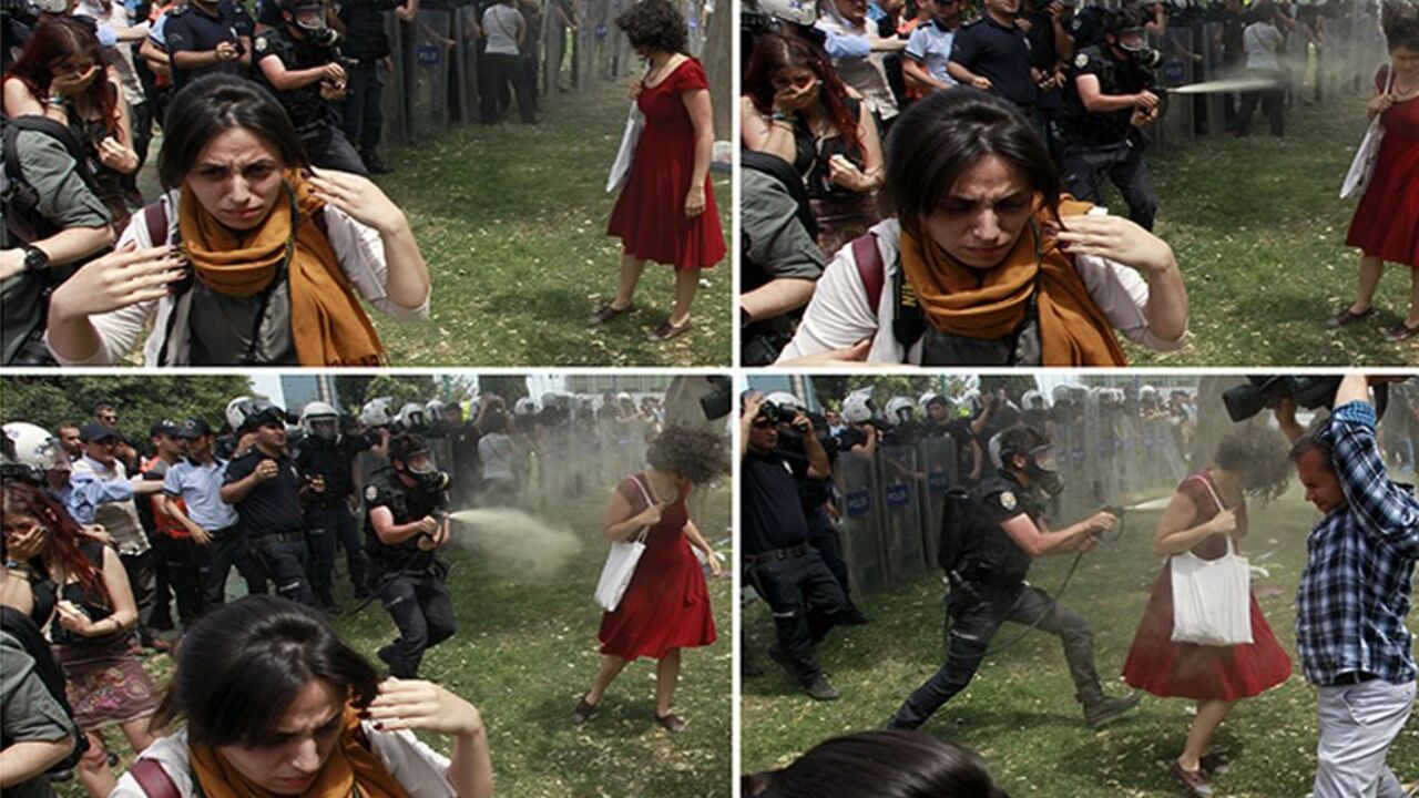 TURKEY-PROTESTS/WOMEN A combination photo of a Turkish riot policeman using tear gas against a woman as people protest against the destruction of trees in a park brought about by a pedestrian project, in Taksim Square in central Istanbul May 28, 2013.In her red cotton summer dress, necklace and white bag slung over her shoulder she might have been floating across the lawn at a garden party; but before her crouches a masked policeman firing teargas spray that sends her long hair billowing upwards. Endlessly shared on social media