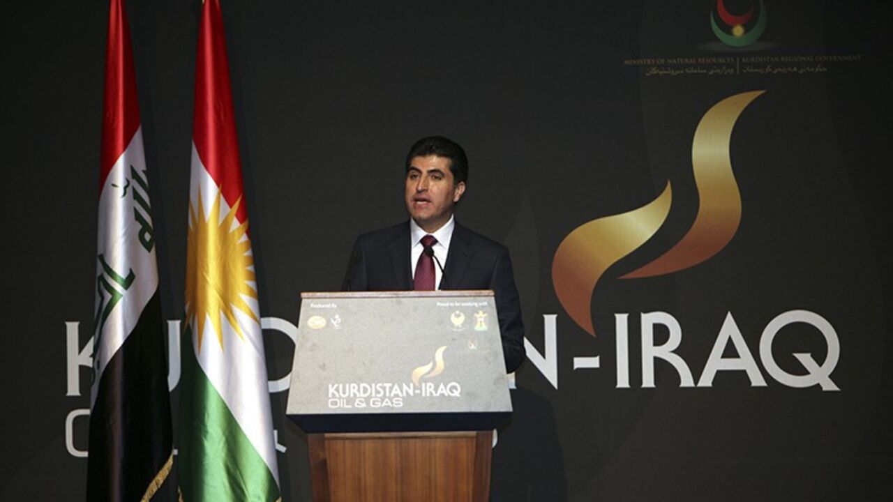IRAQ-TURKEY/ Iraq's Kurdistan Prime Minister Nechirvan Barzani speaks at the Iraq-Kurdistan Oil and Gas Conference at Arbil in Iraq's Kurdistan region, December 2, 2013. Turkey said on Monday it stood by a bilateral oil deal with Iraq's Kurdistan region that bypassed central government but wanted to win Baghdad's support by drawing it into the arrangement. Reuters reported that Turkey and Iraqi Kurdistan signed a multi-billion-dollar energy package last week, infuriating a central Baghdad government which claims sole au