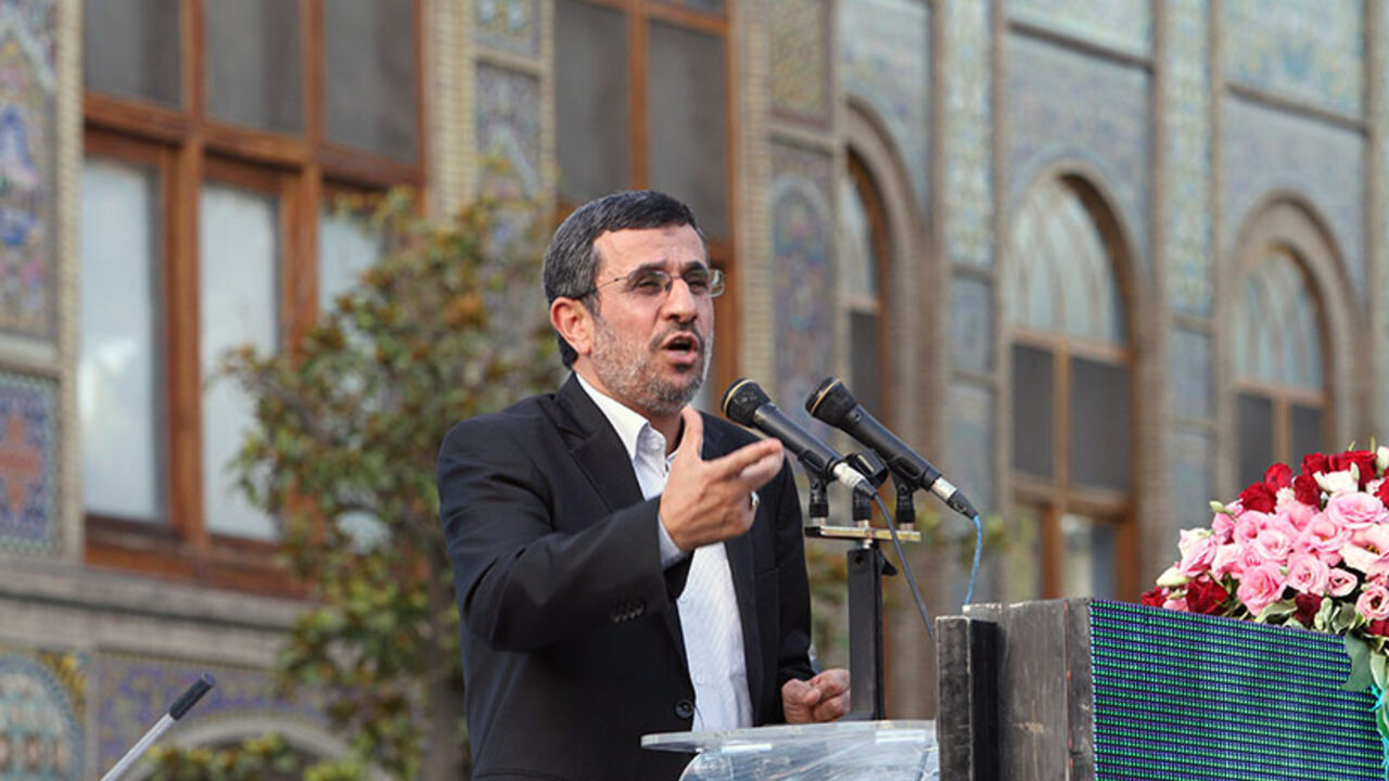 IRAN-POLITICS-CULTURE-UNESCO Iranian outgoing President Mahmoud Ahmadinejad in mid-June gives a speech during a ceremony at Tehran's Golestan Palace celebrating its inscription on the UNESCO World Heritage List on July 7, 2013. The palace, built in the 16th century, is a masterpiece of the art of the Qajar period. AFP PHOTO/ATTA KENARE