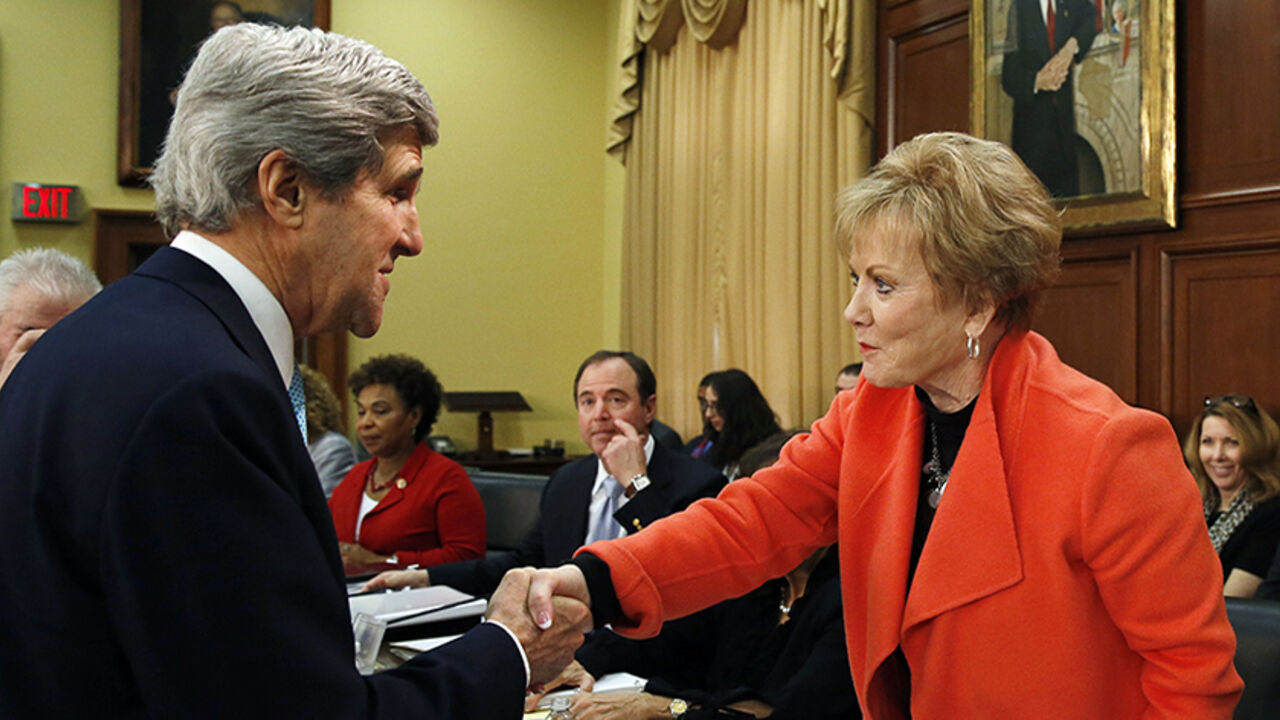 US Secretary of State Kerry greets Rep Granger at House Appropriations Committee in Washington United States Secretary of State John Kerry (L) greets chairwoman Rep. Kay Granger (R-TX) (R) before testifying at the House Appropriations Committee on Capitol Hill in Washington March 12, 2014.
REUTERS/Gary Cameron (UNITED STATES - Tags: POLITICS BUSINESS) - RTR3GRSC