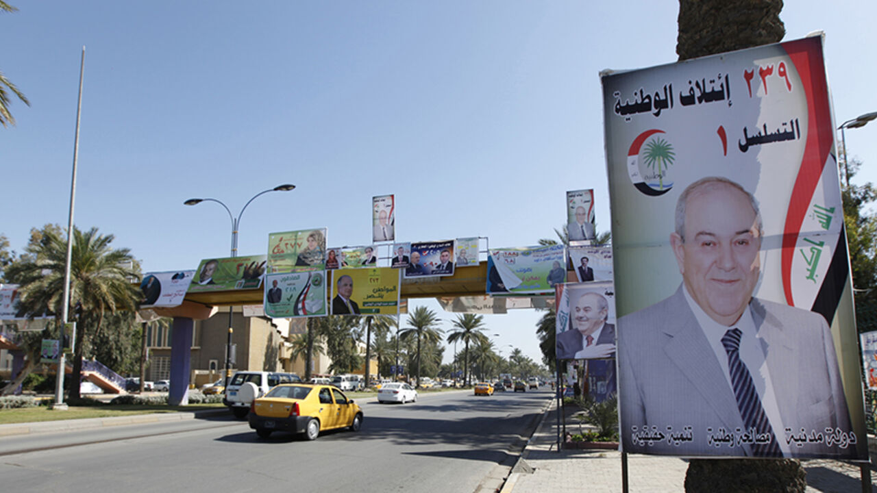 An election campaign poster of Iraq's former prime minister Ayad Allawi is pictured in Baghdad An election campaign poster of Iraq's former prime minister Ayad Allawi is pictured in Baghdad April 3, 2014. Iraq's parliamentary election is scheduled for later this month. REUTERS/Ahmed Saad (IRAQ - Tags: POLITICS ELECTIONS) - RTR3JUUI