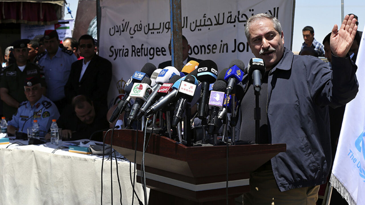 Jordan's Foreign Minister Nasser Judeh speaks during his joint news conference in Azraq camp Jordan's Foreign Minister Nasser Judeh speaks during his joint news conference with Jordanian Minister of Interior Hussein Al-Majali and United Nations High Commissioner for Refugees (UNHCR) representative to Jordan Andrew Harper to officially announce the opening of the new Azraq Syrian Refugee camp near Al Azraq, east of Amman, April 30, 2014. Azraq Refugee Camp received the first group of Syrians and its divided into 12 villages with a holding capacity of 5 to 15,000 people per village, in a total land a