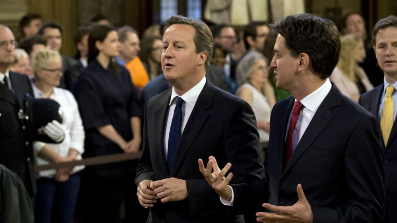 Britain's Prime Minister Cameron andMiliband, the leader of the opposition Labour Party, and Deputy Prime Minister Clegg arrive to listen to Queen Elizabeth deliver her speech in the House of Lords, during the State Opening of Parliament in London Britain's Prime Minister David Cameron (C) and Ed Miliband (2nd R), the leader of the opposition Labour Party, and Deputy Prime Minister Nick Clegg (R) arrive to listen to Queen Elizabeth deliver her speech in the House of Lords, during the State Opening of Parliament at the Palace of Westminster in London June 4, 2014. REUTERS/Matt Dunham/Pool (BRITAIN - Tags: ENTERTAINMENT POLITICS SOCIETY ROYALS) - RTR3S5AV