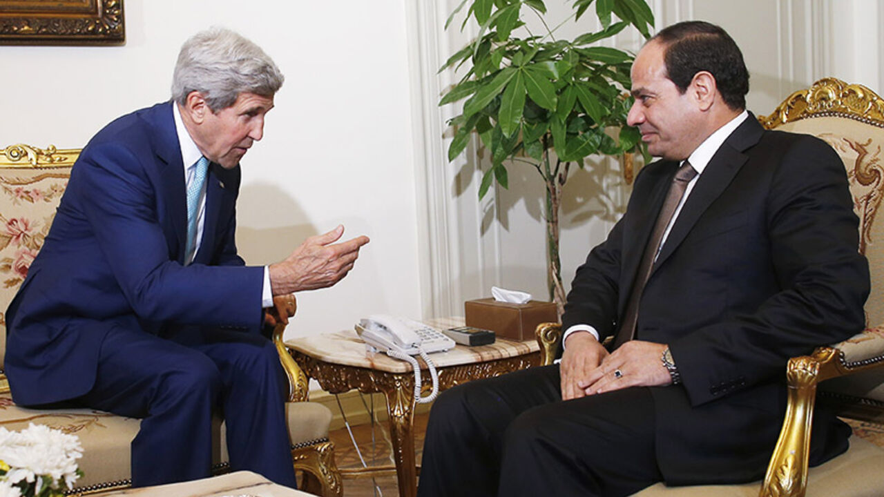 U.S. Secretary of State Kerry speaks with Egyptian President al-Sisi in Cairo U.S. Secretary of State John Kerry (L) speaks with Egyptian President Abdel Fattah al-Sisi in Cairo July 22, 2014. Israel pounded targets across the Gaza Strip on Tuesday, saying no ceasefire was near as top U.S. and U.N. diplomats pursued talks on halting fighting that has claimed more than 500 lives. Dispatched by U.S. President Barack Obama to the Middle East to seek a ceasefire, Kerry held talks on Tuesday in Cairo with Egyptian Foreign Minister Sameh Shukri. REUTERS/Charles Dharapak/Pool (EGYPT - Tags