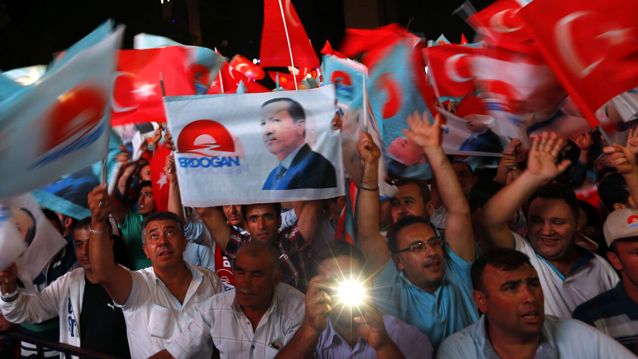 Supporters of Turkey's Prime Minister Erdogan celebrate his election victory in front of the party headquarters in Ankara Supporters of Turkey's Prime Minister Tayyip Erdogan celebrate his election victory in front of the party headquarters in Ankara August 10, 2014. Erdogan secured his place in history as Turkey's first directly elected president on Sunday, sweeping more than half the vote in a result his opponents fear heralds an increasingly authoritarian state. REUTERS/Murad Sezer (TURKEY - Tags: POLITICS ELECTIONS) - RTR41WCA