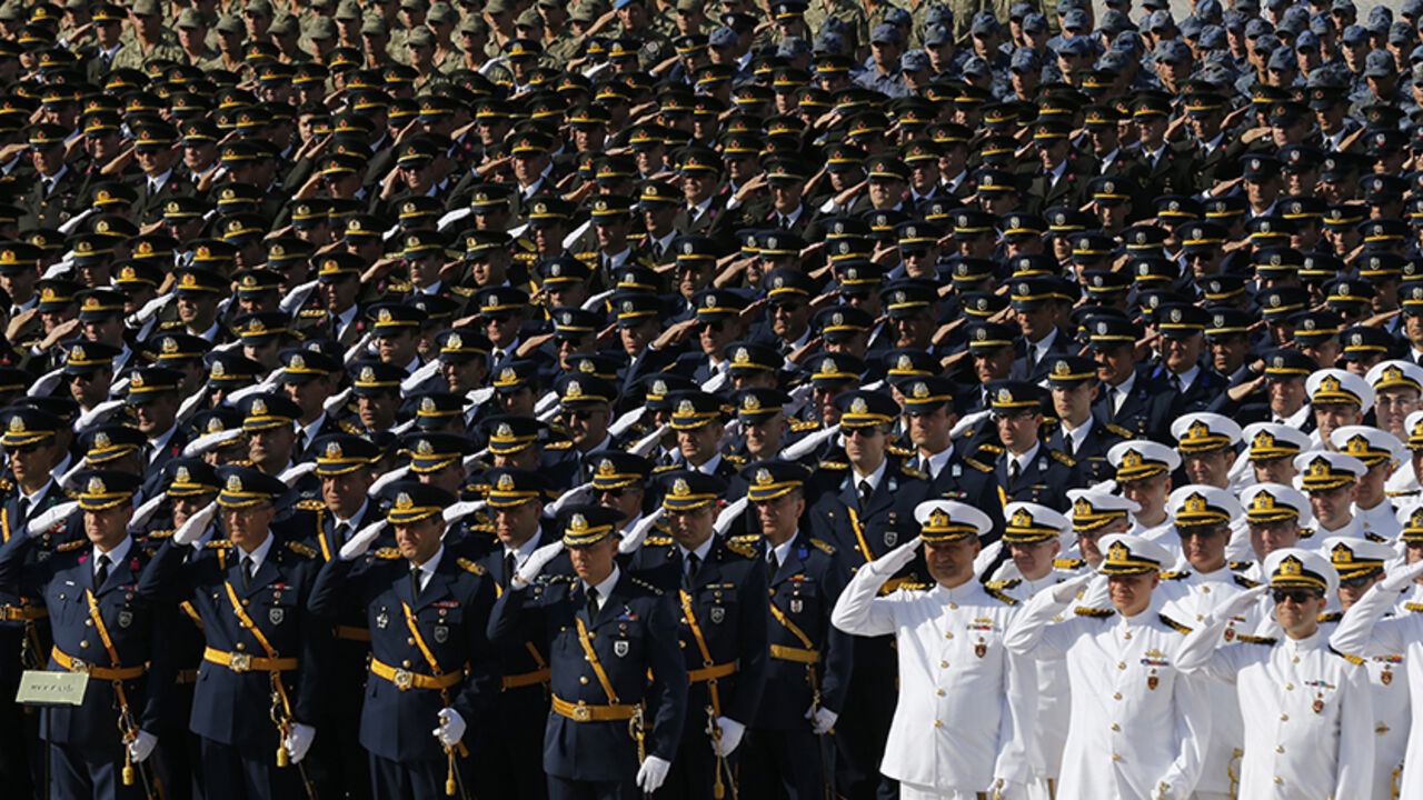 Turkish soldiers salute during a ceremony marking the 91st anniversary of Victory Day at the mausoleum of Mustafa Kemal Ataturk, founder of modern Turkey, in Ankara Turkish soldiers salute during a ceremony marking the 91st anniversary of Victory Day at the mausoleum of Mustafa Kemal Ataturk, founder of modern Turkey, in Ankara August 30, 2013. REUTERS/Umit Bektas (TURKEY - Tags: POLITICS MILITARY) - RTX131DP