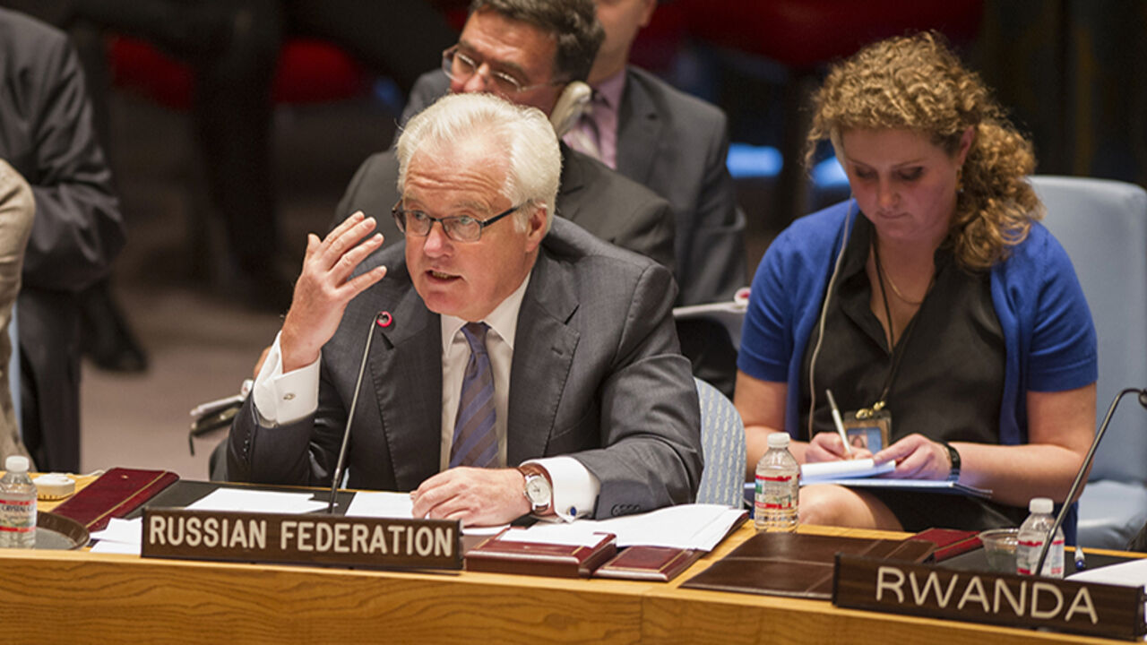 Russian Representative to the United Nations Churkin addresses the U.N. Security Council at U.N. Headquarters in New York Russian Representative to the United Nations Vitaly Churkin addresses the U.N. Security Council at U.N. Headquarters in New York August 28, 2014. REUTERS/Mark Garten/United Nations/Handout via Reuters (UNITED STATES - Tags: POLITICS) ATTENTION EDITORS - THIS PICTURE WAS PROVIDED BY A THIRD PARTY. REUTERS IS UNABLE TO INDEPENDENTLY VERIFY THE AUTHENTICITY, CONTENT, LOCATION OR DATE OF THIS IMAGE. FOR EDITORIAL USE ONLY. NOT FOR SALE FOR MARKETING OR ADVERTISING CAMPAIGNS. THIS PICTURE IS DISTRIBUTED EXACTLY