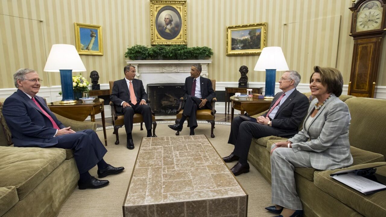 Obama meets with Congressional leaders in the Oval Office of the White House in Washington U.S. President Barack Obama meets with Congressional leaders in the Oval Office of the White House in Washington to discuss his plan to combat Islamic State militants operating in Iraq and Syria September 9, 2014. From left are: Senate Minority Leader Mitch McConnell, Speaker of the House John Boehner, Obama, Senate Majority Leader Harry Reid and Democratic House Leader Nancy Pelosi.
REUTERS/Kevin Lamarque (UNITED STATES - Tags: POLITICS CIVIL UNREST CONFLICT) - RTR45KVO