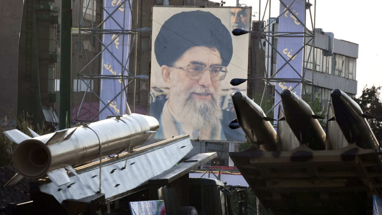 Iranian-made Fateh 110 and Persian Gulf missiles are seen next to portrait of Iran's Supreme Leader Ayatollah Khamenei at Baharestan square in southern Tehran EDITORS' NOTE: Reuters and other foreign media are subject to Iranian restrictions on their ability to film or take pictures in Tehran.
Iranian-made Fateh 110 (Conqueror) (L) and Persian Gulf (R) missiles are seen next to a portrait of Iran's Supreme Leader Ayatollah Ali Khamenei at a war exhibition held by Iran's revolutionary guard to mark the anniversary of the Iran-Iraq war (1980-88), also known in Iran as the "Holy Defence", at Baharestan square near the Iranian Parliament in southern Tehran September