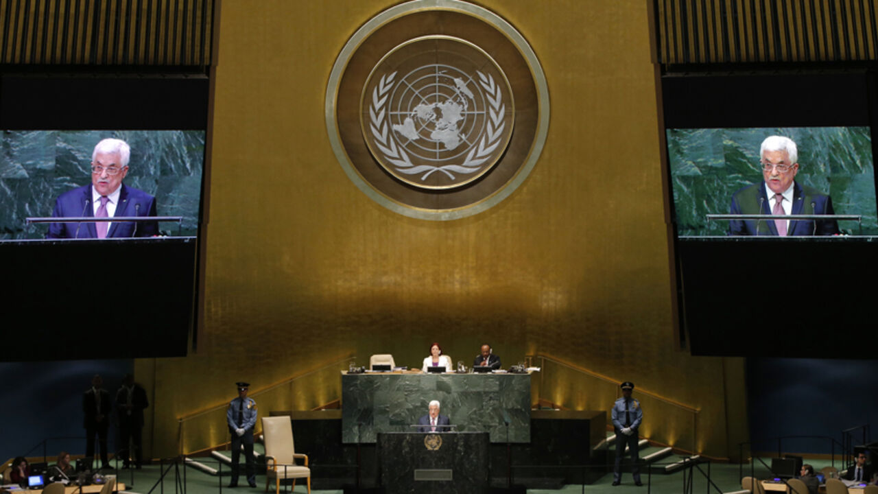 Palestinian President Mahmoud Abbas addresses the 69th United Nations General Assembly at United Nations Headquarters in New York Palestinian President Mahmoud Abbas (C) addresses the 69th United Nations General Assembly at United Nations Headquarters in New York, September 26, 2014. REUTERS/Mike Segar (UNITED STATES - Tags: POLITICS) - RTR47UHM