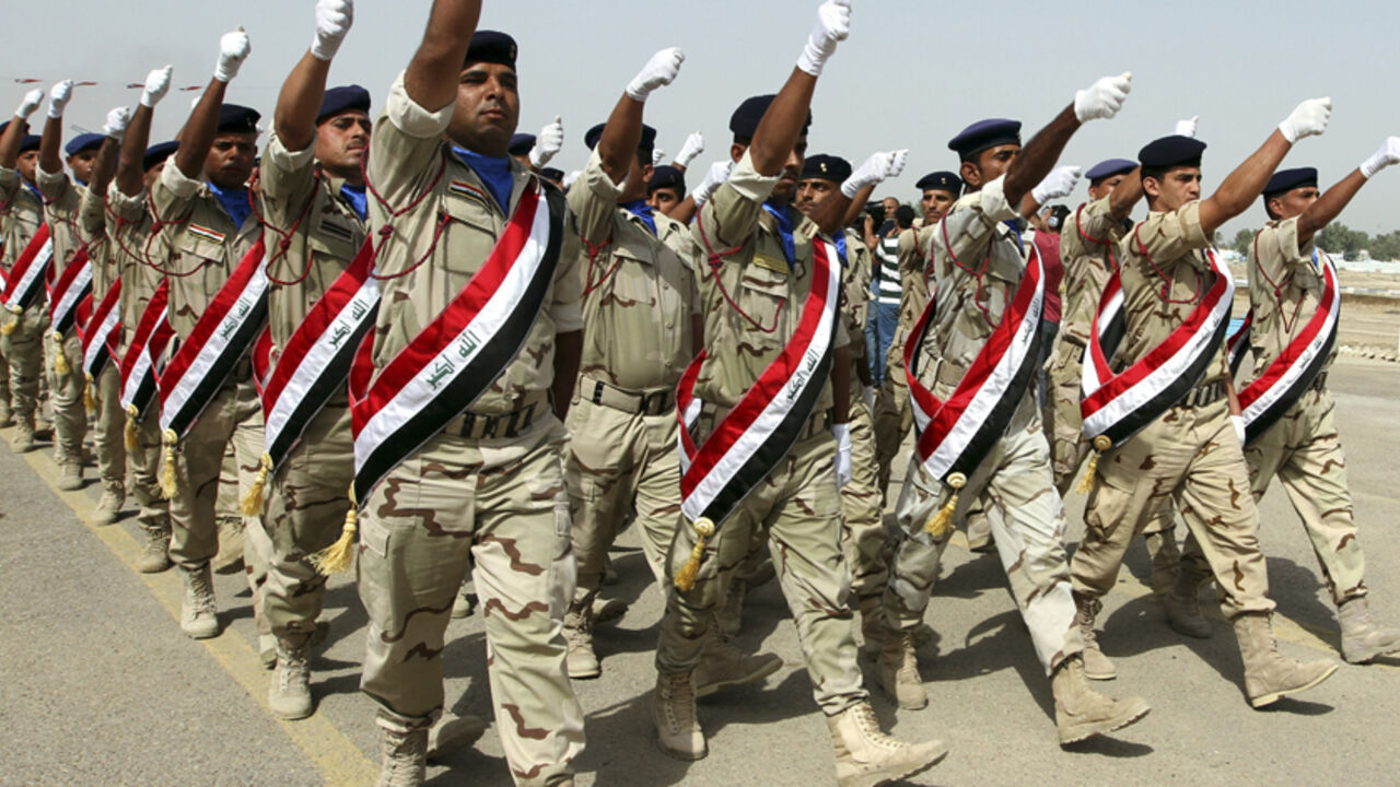 Iraqi Army soldiers march during a parade marking the founding anniversary of the army's artillery section in Baghdad Iraqi Army soldiers march during a parade marking the founding anniversary of the army's artillery section in Baghdad October 1, 2014. REUTERS/Mahmoud Raouf Mahmoud (IRAQ - Tags: MILITARY ANNIVERSARY) - RTR48K2W