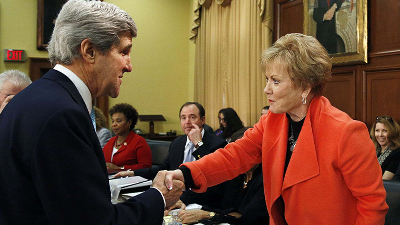 US Secretary of State Kerry greets Rep Granger at House Appropriations Committee in Washington United States Secretary of State John Kerry (L) greets chairwoman Rep. Kay Granger (R-TX) (R) before testifying at the House Appropriations Committee on Capitol Hill in Washington March 12, 2014.
REUTERS/Gary Cameron (UNITED STATES - Tags: POLITICS BUSINESS) - RTR3GRSC