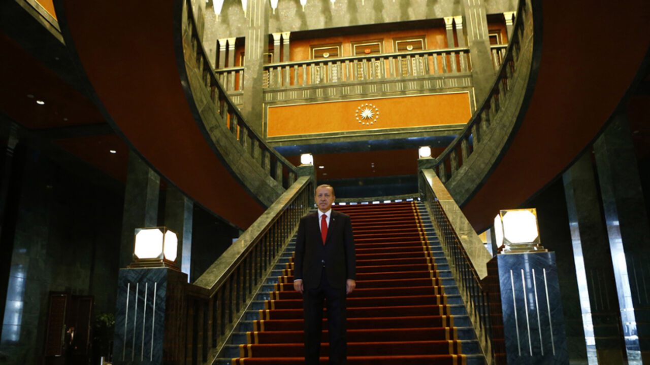 Turkey's President Tayyip Erdogan poses after an official ceremony to mark Republic Day at the new Presidential Palace in Ankar Turkey's President Tayyip Erdogan poses after an official ceremony to mark Republic Day at the new Presidential Palace in Ankara October 29, 2014. REUTERS/Umit Bektas (TURKEY - Tags: POLITICS ANNIVERSARY) - RTR4C07N