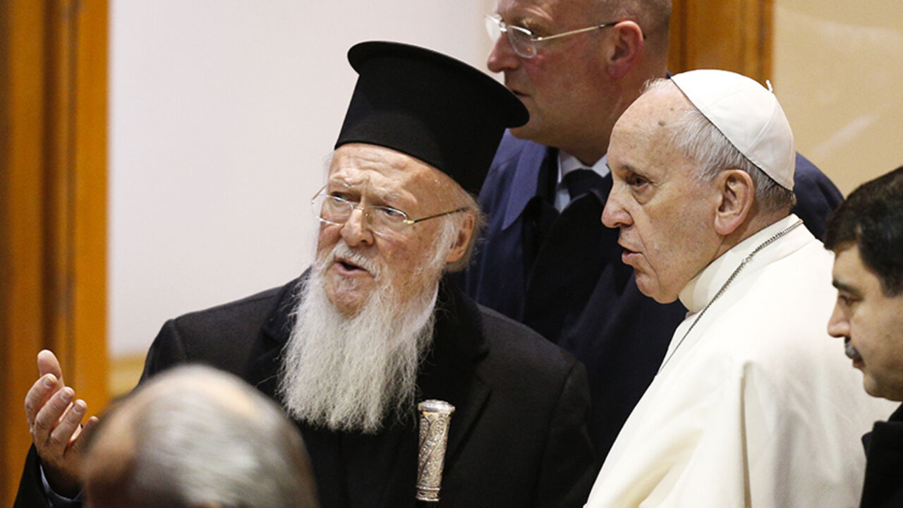 Ecumenical Patriarch Bartholomew I of Constantinople accompanies Pope Francis as he departs from Istanbul Ecumenical Patriarch Bartholomew I of Constantinople (2L) accompanies Pope Francis as he departs from Istanbul after a three day visit, November 30, 2014. Pope Francis said Islamic militants were carrying out a "profoundly grave sin against God" in Syria and Iraq, calling on Sunday for inter-religious dialogue and action against poverty to help end the conflicts there. REUTERS/Stoyan Nenov (TURKEY - Tags: POLITICS RELIGION) - RTR4G4WB