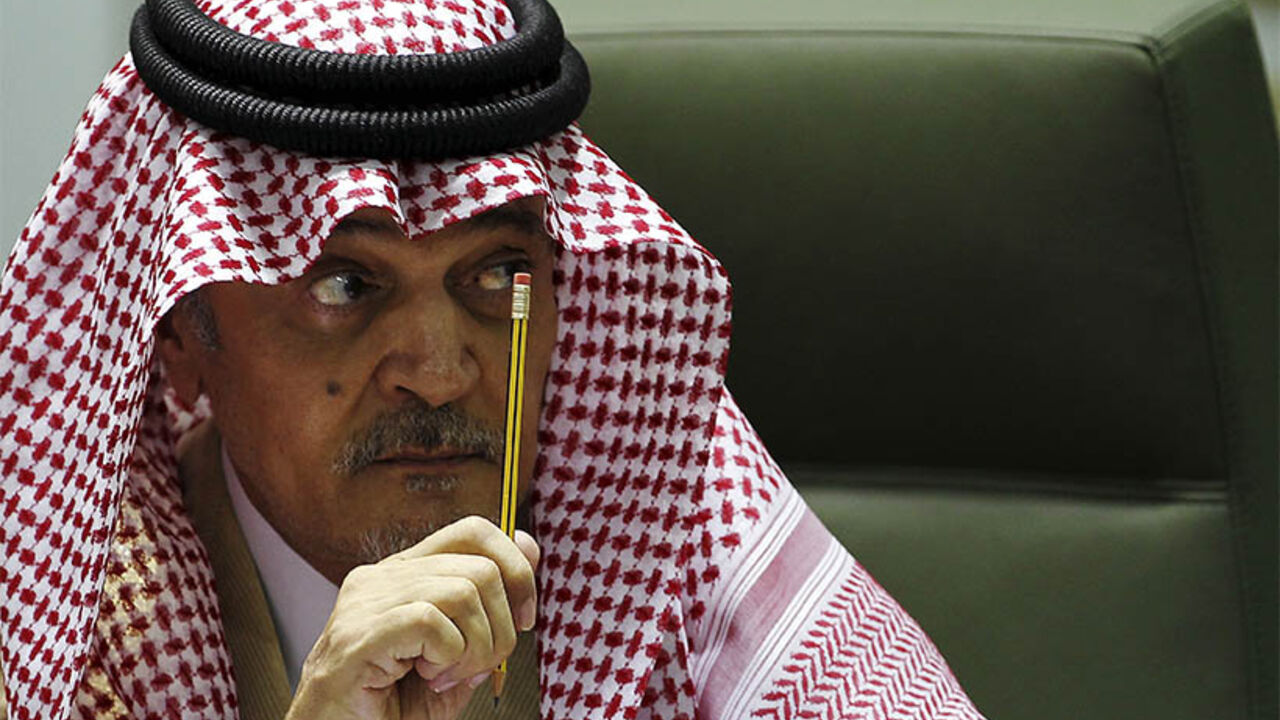 Saudi Foreign Minister Prince Saud Al-Faisal gestures during a joint news conference with his Egyptian counterpart Mohamed Kamel Amr in Riyadh Saudi Foreign Minister Prince Saud Al-Faisal gestures during a joint news conference with his Egyptian counterpart Mohamed Kamel Amr (not pictured) in Riyadh January 5, 2013. REUTERS/Stringer (SAUDI ARABIA - Tags: POLITICS) - RTR3C4DR