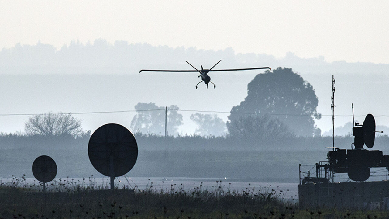 Nic6409100 A picture shows an Israeli army UAV landing in an airfield, in the Israeli-annexed Golan Heights, on January 20, 2015, two days after an Israeli air strike killed six Hezbollah members in the Syrian-controlled side of the Golan Heights. The strike on Syria killed an Iranian general, Tehran confirmed on January 19, as thousands of supporters of Lebanon's Hezbollah gathered to bury one of the six fighters killed in the same raid. AFP PHOTO / JACK GUEZ (Photo credit should read JACK GUEZ/AFP/Getty Image