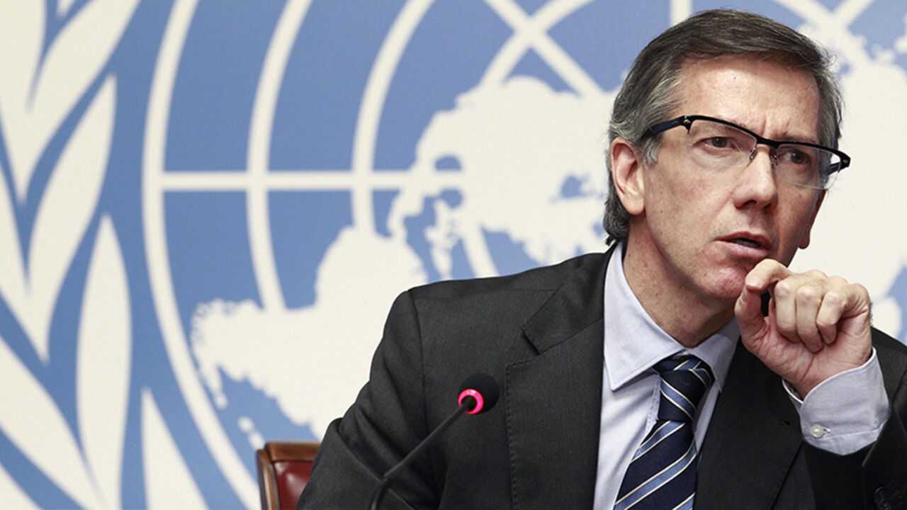 LIBYA-SECURITY/ Special Representative of the Secretary-General for Libya and Head of United Nations Support Mission in Libya (UNSMIL) Bernardino Leon addresses a news conference at the Palais des Nations in Geneva, January 14, 2015. The United Nations will launch talks on Wednesday in Geneva between warring Libyan factions even though one side has delayed its decision on attending negotiations aimed at averting a broader civil war. Two rival governments and their forces are vying for control in Libya, three years after th