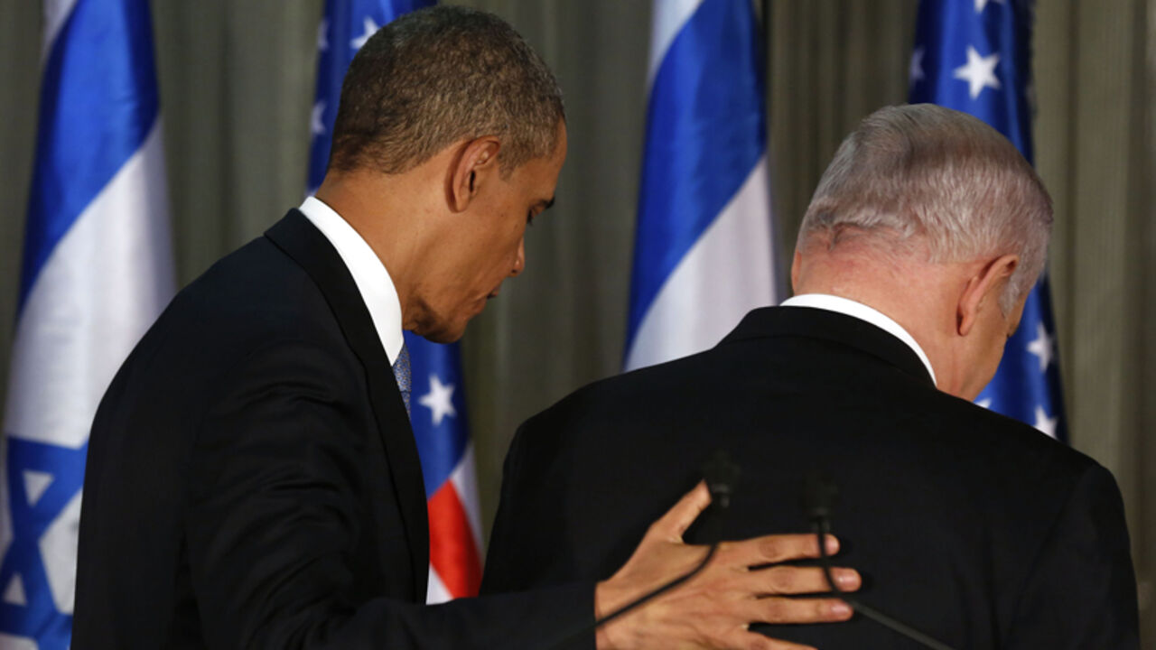 U.S. President Barack Obama and Israel's Prime Minister Benjamin Netanyahu walk away after a news conference at the Prime Minister's residence in Jerusalem, March 20, 2013. Making his first official visit to Israel, Obama pledged on Wednesday unwavering commitment to the security of the Jewish State where concern over a nuclear-armed Iran has clouded bilateral relations.        REUTERS/Larry Downing  (JERUSALEM - Tags: POLITICS) - RTR3F8TR