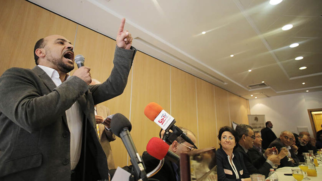 ISRAEL-POLITICS/ARABS Parliament member Masoud Ghanem speaks at a news conference held by Arab-Israeli parliament members and other candidates, announcing a joint political slate of all the Arab parties which will be running in the upcoming elections, in the northern city of Nazareth, January 23, 2015. Four political parties that mostly represent Israel's Arab minority have decided to run together in elections on March 17, creating a potential counter-weight to Prime Minister Benjamin Netanyahu and his right-wing allies. Opinion