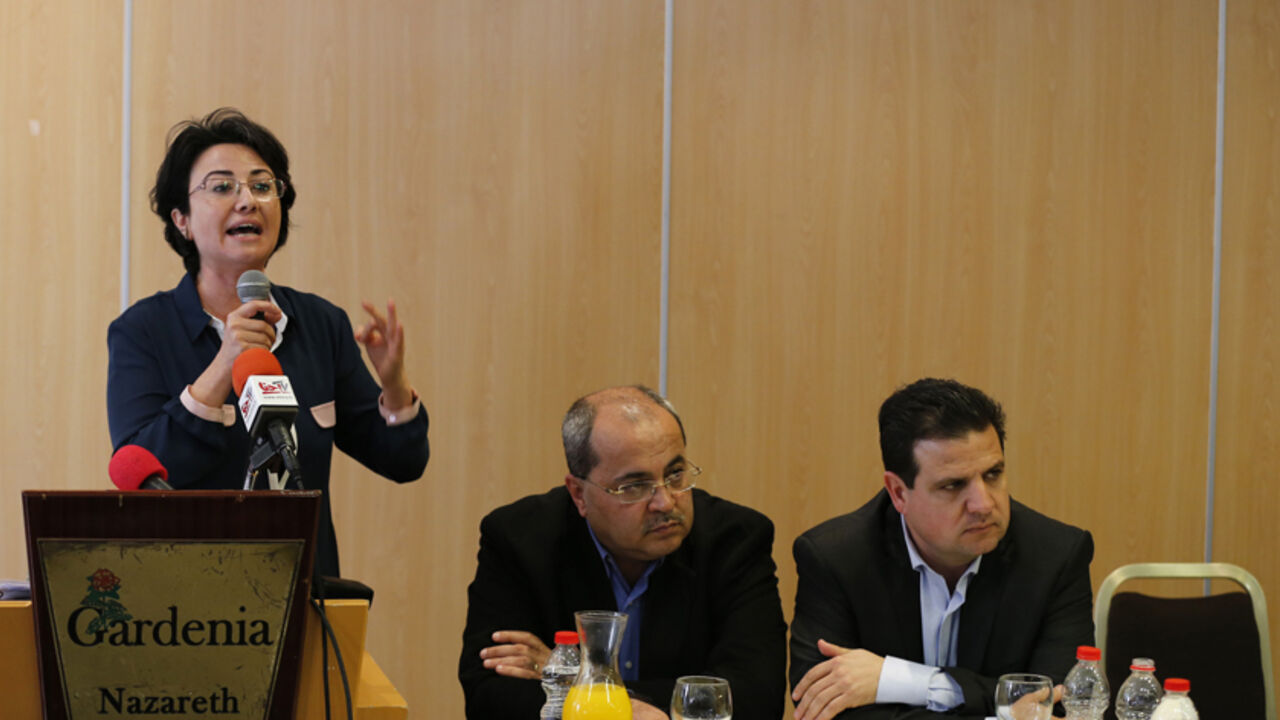 ISRAEL-POLITICS/ARABS Israeli-Arab lawmaker Hanin Zoabi speaks at a news conference announcing a joint political slate of all the Arab parties which will be running in the upcoming elections, in the northern city of Nazareth, January 23, 2015. Four political parties that mostly represent Israel's Arab minority have decided to run together in elections on March 17, creating a potential counter-weight to Prime Minister Benjamin Netanyahu and his right-wing allies. Opinion polls suggest the united Arab list could secure 11 seats in