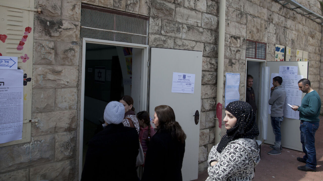 Israel Heads To The Polls As The Election Is Too Close To Call ABU GUSH, ISRAEL - MARCH 17: Arab Israeli women stand outside a polling station on election day on March 17, 2015 in Abu Gush, Israel. Israel's general election voting has begun today as polls show on that Chairman of the Zionist Union party, Isaac Herzog stands as the only rival to current Prime Minister Benjamin Netanyahu. (Photo by Lior Mizrahi/Getty Images)
