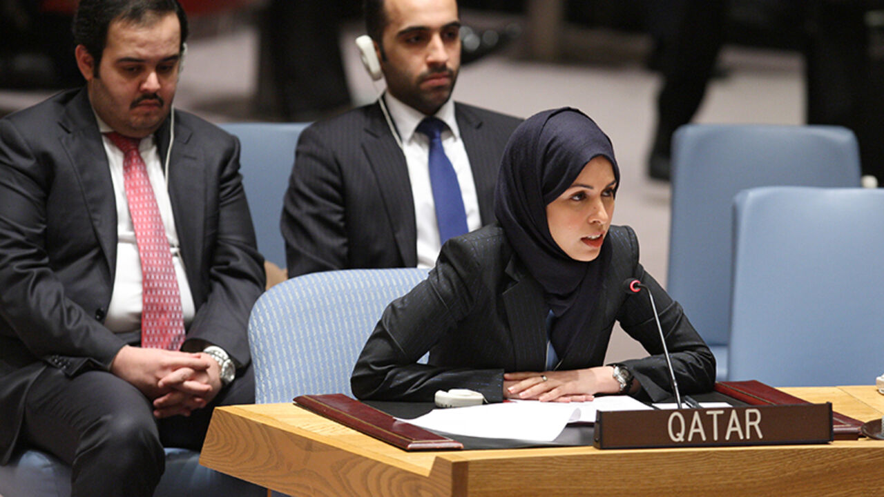 SC am Alya Ahmed Saif Al-Thani, Permanent Representative of the State of Qatar to the UN, speaking on behalf of the Gulf Cooperation Council, addresses the Security Council meeting on the situation in Yemen.