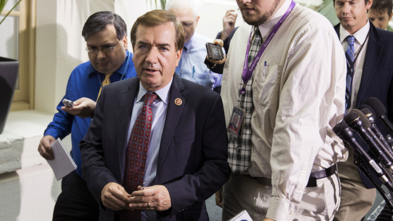 USA-IMMIGRATION/ Representative Ed Royce (R-CA) leaves a Republican caucus meeting at the Capitol in Washington August 1, 2014. A bill to fund border security blew up in House Speaker John Boehner's face on Thursday, leaving Republicans in disarray and struggling to reconcile Tea Party demands with the need to deal with a humanitarian crisis on the southwestern border with Mexico. REUTERS/Joshua Roberts (UNITED STATES - Tags: POLITICS SOCIETY IMMIGRATION) - RTR40XQR