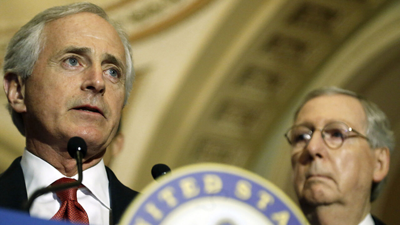 IRAN-NUCLEAR/CONGRESS U.S. Senator Bob Corker (R-TN) (L), along with Senate Majority Leader Mitch McConnell (R-KY) (R), speaks at a news conference after the weekly Senate Republican policy luncheon at the U.S. Capitol in Washington, March 3, 2015. The White House has said President Barack Obama would veto the Iran Nuclear Review Act, which was introduced by Republican Senator Bob Corker, chairman of the Senate Foreign Relations Committee, and Democratic Senator Robert Menendez, the top Democrat on the panel, to require Obama to