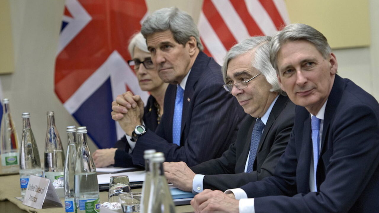 IRAN-NUCLEAR (L-R) U.S. Under Secretary for Political Affairs Wendy Sherman, U.S. Secretary of State John Kerry, U.S. Secretary of Energy Ernest Moniz and British Foreign Secretary Philip Hammond wait for a P5+1 meeting at the Beau Rivage Palace Hotel in Lausanne, Switzerland March 29, 2015. Members of the P5+1 met while in Switzerland for negotiations on Iran's nuclear program. REUTERS/Brendan Smialowski/Pool - RTR4VDO4