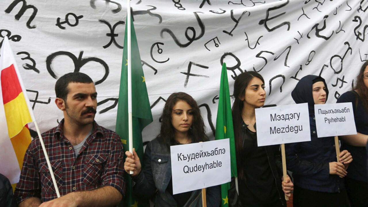 Par7886073 Turks of ethnic Circassian origin protest outside the Russian embassy in Ankara on May 21, 2014, on the 150th annivesary the mass deportation and killings of ethnic Circassians by Tsarist Russia in the 19th century in May 21, 1864. The north Caucasian ethnic group native to Circassia were displaced in the course of the Russian conquest of the Caucasus in the 19th century, especially after the RussianCircassian War in 1864. AFP PHOTO/ADEM ALTAN (Photo credit should read ADEM ALTAN/AFP/Getty Images)