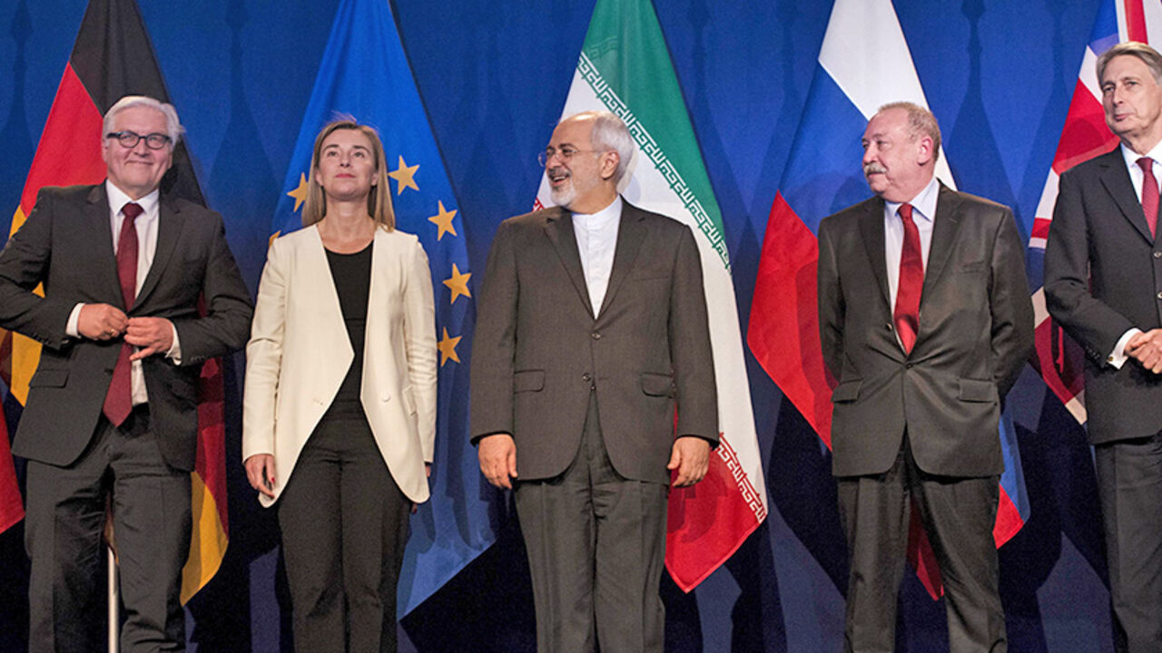 IRAN-NUCLEAR/KERRY (L-R) German Foreign Minister Frank Walter Steinmeier, European Union High Representative Federica Mogherini, Iranian Foreign Minister Javad Zarifat, Russian Deputy Political Director Alexey Karpov and British Foreign Secretary Philip Hammond are seen following nuclear talks at the Swiss Federal Institute of Technology in Lausanne (Ecole Polytechnique Federale De Lausanne) April 2, 2015. Iran and world powers reached a framework on curbing Iran's nuclear programme at marathon talks in Switzerland on Thursda