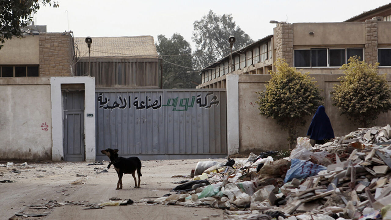 EGYPT-INDUSTRY/ A dog walks outside a factory, which was closed down, on the outskirts of Cairo, February 26, 2013. The factory, is one of thousands that have fallen victim to the instability of post-revolution Egypt. Many that remain open are plagued by power cuts, strikes, poor security, and difficulty securing loans in credit markets where they are squeezed out by an indebted government. The plight of Egypt's industrialists points to the wide range of ways which the economic environment has deteriorated in the two years