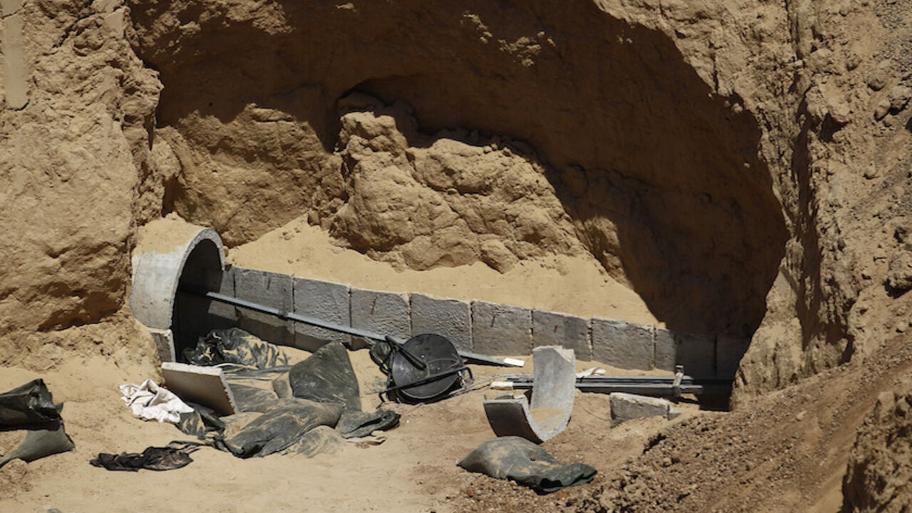 MIDEAST-GAZA/ Part of a tunnel exposed by the Israeli military is seen on the Israeli side of the Israel-Gaza border August 14, 2014. A renewed truce between Israel and Hamas appeared to be holding on Thursday despite a shaky start, after both sides agreed to give Egyptian-brokered talks more time to try to end the Gaza war. REUTERS/Amir Cohen (ISRAEL - Tags: POLITICS CIVIL UNREST CONFLICT) - RTR42EPD