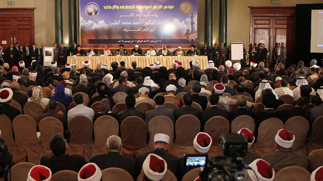 EGYPT-RELIGION/ Muslim scholars and popes of eastern churches attend the conference "Azhar in the face of terrorism and extremism" in Cairo, December 3, 2014. Grand Imam of Egypt?s al-Azhar Institution Ahmed al-Tayeb addressed a two-day international conference in Cairo organised by his institution. The grand imam stressed that "terrorist organisations" try to sell a "fraudulent" image of Islam.Pope Tawadros II, the pope of the Coptic Orthodox church launched the conference alongside Tayeb. Around 600 Muslim scholars and