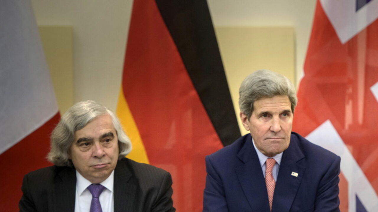 US Secretary of Energy Ernest Moniz and US Secretary of State John Kerry wait for the start of a trilateral meeting at the Beau Rivage Palace Hotel in Lausanne US Secretary of Energy Ernest Moniz (L) and US Secretary of State John Kerry wait for the start of a trilateral meeting at the Beau Rivage Palace Hotel in Lausanne March 28, 2015. The foreign ministers of France and Germany joined the top U.S. and Iranian diplomats on Saturday to help break an impasse in nuclear negotiations as major powers and Iran closed in on a 2- or 3-page accord that could form the basis of a long-term deal. REUTERS/Brendan Smialowski/Pool - RTR4V9Q6