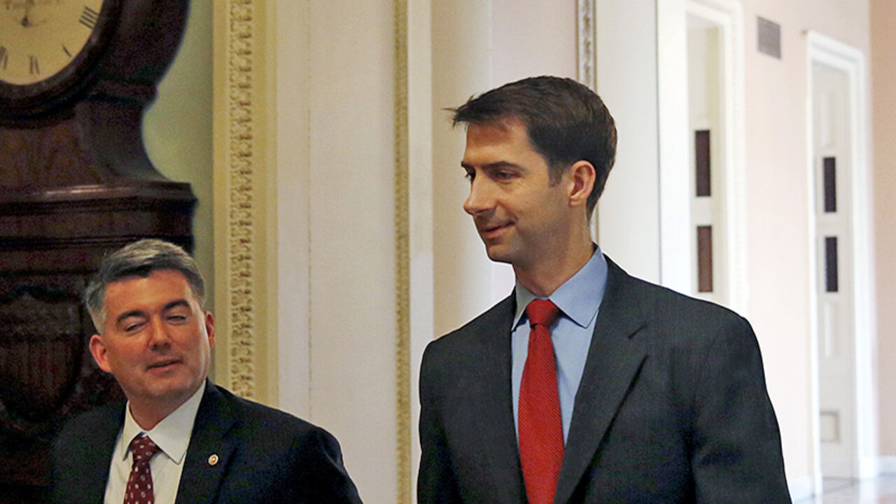 IRAN-NUCLEAR/CONGRESS Senator Tom Cotton (R-AR) (R) walks next to an unidentified person as he goes to the Senate floor for a cloture vote, on Capitol Hill in Washington May 7, 2015. The U.S. Senate voted overwhelmingly on Thursday to pass a bill giving Congress the right to review, and potentially reject, an international nuclear agreement with Iran. REUTERS/Gary Cameron
- RTX1C04S