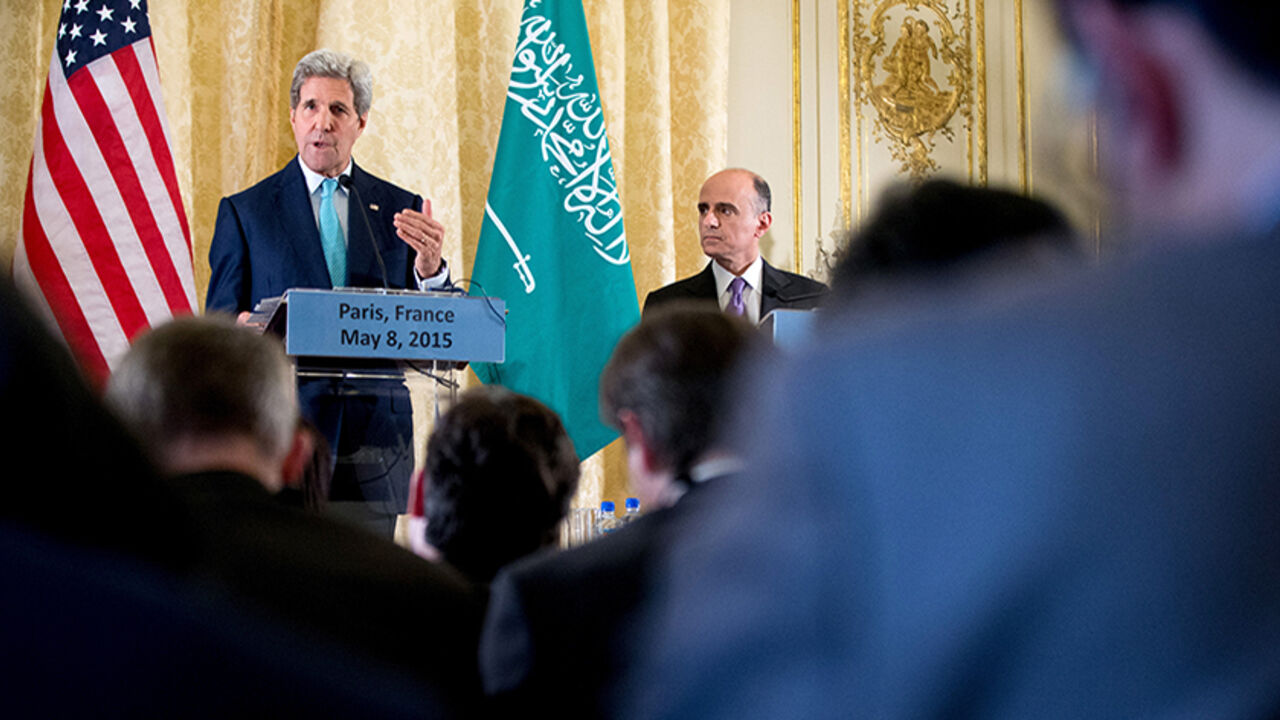 MIDEAST-CRISIS/KERRY-GCC U.S. Secretary of State John Kerry, left, accompanied by Saudi Foreign Minister Adel al-Jubeir, right, speaks at a joint news conference at the Chief of Mission Residence, Paris, France, Friday, May 8, 2015, following a meeting with the foreign ministers of the Gulf Cooperation Council. REUTERS/Andrew Harnik/Pool - RTX1C5BX