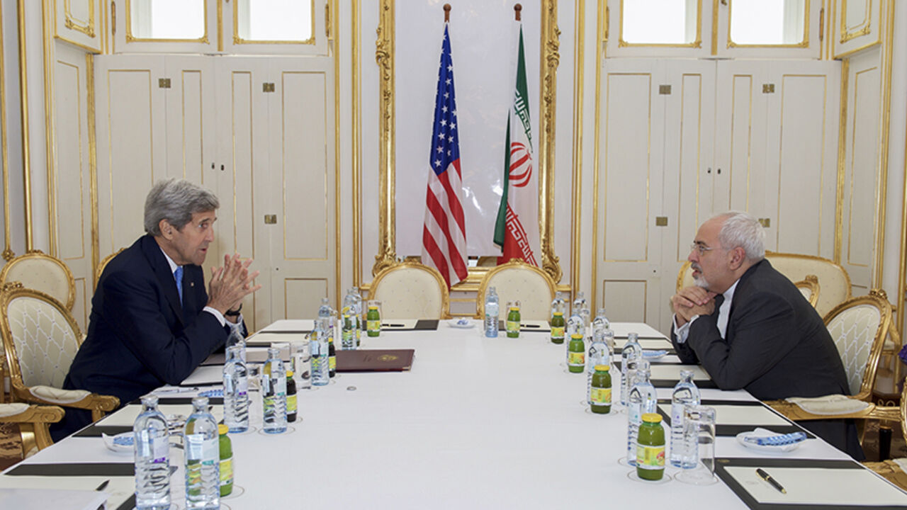 IRAN-NUCLEAR/ U.S. Secretary of State John Kerry (L) meets with Iranian Foreign Minister Javad Zarif at a hotel in Vienna, Austria June 30, 2015. Kerry and Zarif held a "productive" meeting in Vienna on Tuesday, the State Department said, as negotiations on curbing Iran's nuclear program were extended. REUTERS/State Department/Handout FOR EDITORIAL USE ONLY. NOT FOR SALE FOR MARKETING OR ADVERTISING CAMPAIGNS. THIS IMAGE HAS BEEN SUPPLIED BY A THIRD PARTY. IT IS DISTRIBUTED, EXACTLY AS RECEIVED BY REUTERS, AS A SERVI