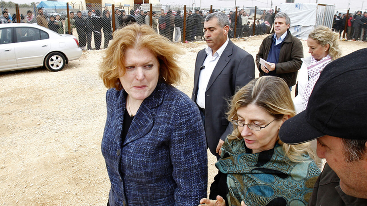 SYRIA-CRISIS/ Anne C. Richard (L), assistant secretary of state for population, refugees, and migration, and Nancy Lindborg (front, 2nd R), USAID assistant administrator for democracy, conflict, and humanitarian assistance, visit the Al Zaatri Syrian refugee camp in the Jordanian city of Mafraq, near the border with Syria January 28, 2013. REUTERS/Ali Jarekji (JORDAN - Tags: POLITICS CIVIL UNREST) - RTR3D2Y8