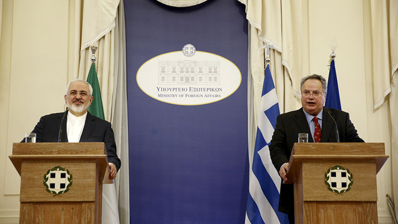 IRAN-NUCLEAR/ZARIF Iranian Foreign Minister Mohammad Javad Zarif (L) and his Greek counterpart Nikos Kotzias attend a joint news conference in Athens May 28, 2015. Zarif said on Thursday he hoped Tehran and world powers would reach a final nuclear deal "within a reasonable period of time" but this would be hard if the other side stuck to what he called excessive demands. REUTERS/Alkis Konstantinidis - RTX1EXFK