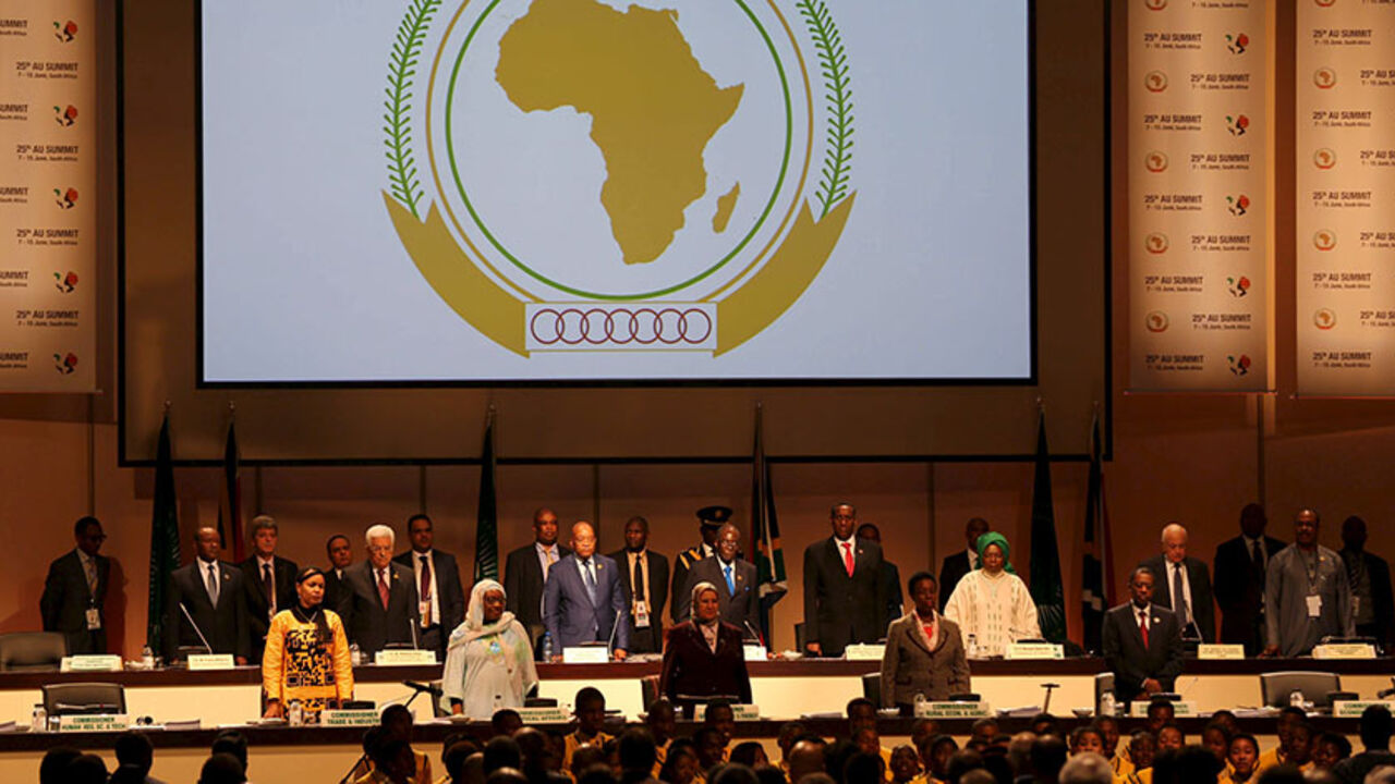 AFRICA-SUMMIT/BASHIR-ICC Leaders of the AU stand during the opening of the 25th African Union summit in Johannesburg June 14, 2015. A South African court issued an interim order on Sunday preventing Sudanese President Omar al-Bashir leaving the country, where he was attending an African Union summit, until the judge hears an application calling for his arrest. Bashir is accused in an International Criminal Court arrest warrant of war crimes and crimes against humanity over atrocities in the Darfur conflict. REUTERS/Siphiwe Sibeko