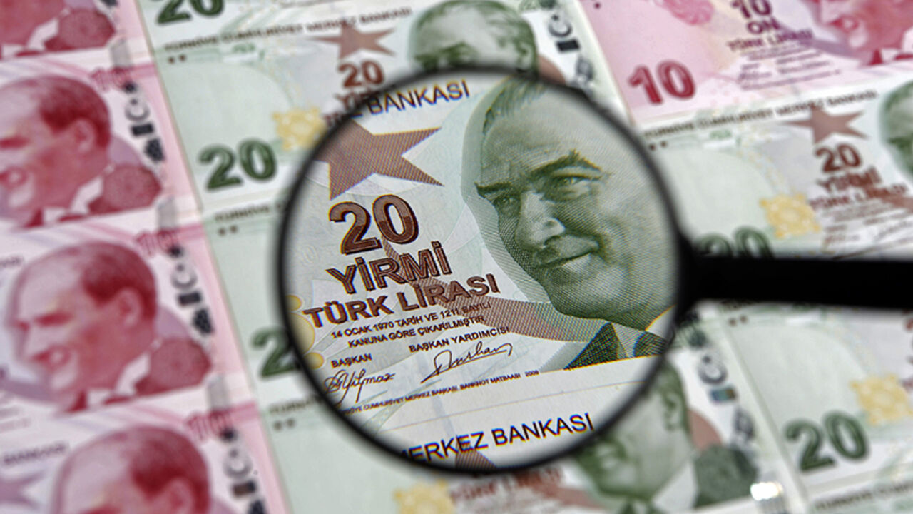 TURKEY-CENTRALBANK/ A 20 lira banknote is seen through a magnifying lens in this illustration picture taken in Istanbul January 28, 2014. Turkey's central bank governor raises hopes of emergency rate hike in face of opposition from Prime Minister Tayyip Erdogan, denying he is hostage to political pressures and vowing to fight rising inflation and tumbling lira. REUTERS/Murad Sezer (TURKEY - Tags: BUSINESS POLITICS) - RTX17YSG