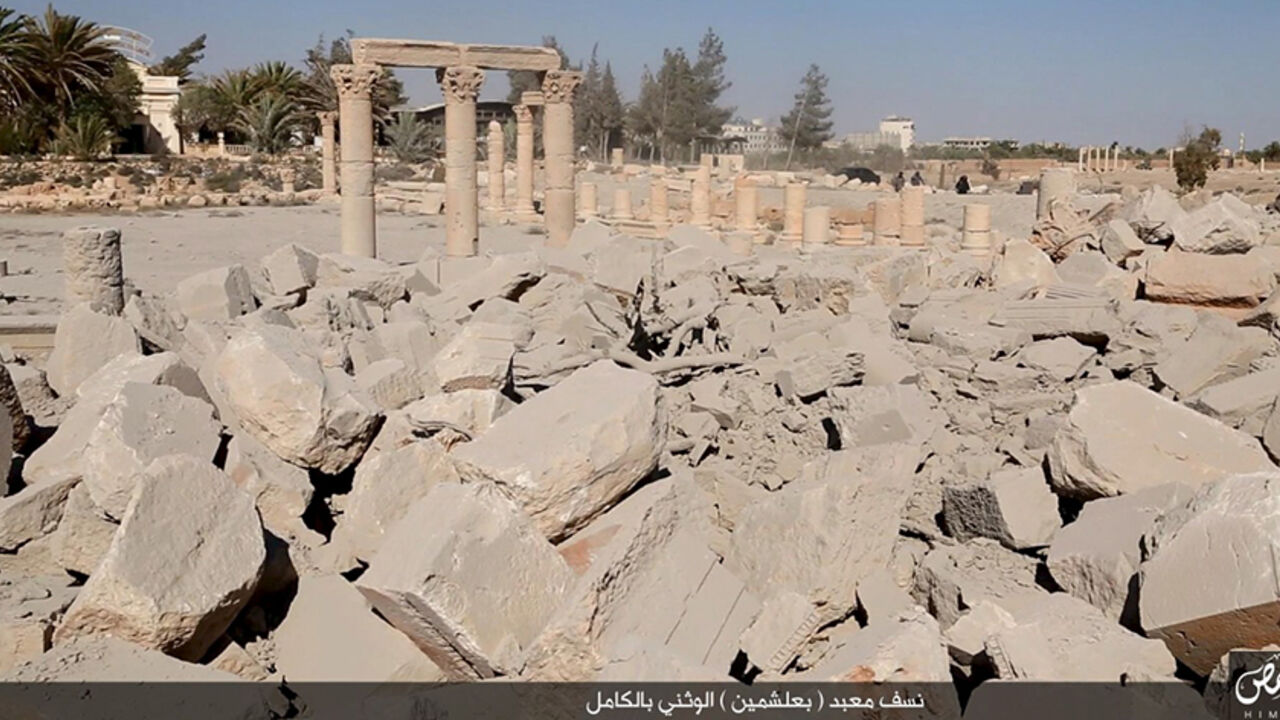 MIDEAST-CRISIS/SYRIA-PALMYRA An image distributed by Islamic State militants on social media on August 25, 2015 purports to show the destruction of a Roman-era temple in the ancient Syrian city of Palmyra. Syria's antiquities chief Maamoun Abdulkarim told Reuters the images did appear to show the destruction of the ancient Baal Shamin temple and correlated with descriptions given by residents of the explosion detonated there on Sunday. Five photos were distributed on social media showing explosives being carried inside, being planted a